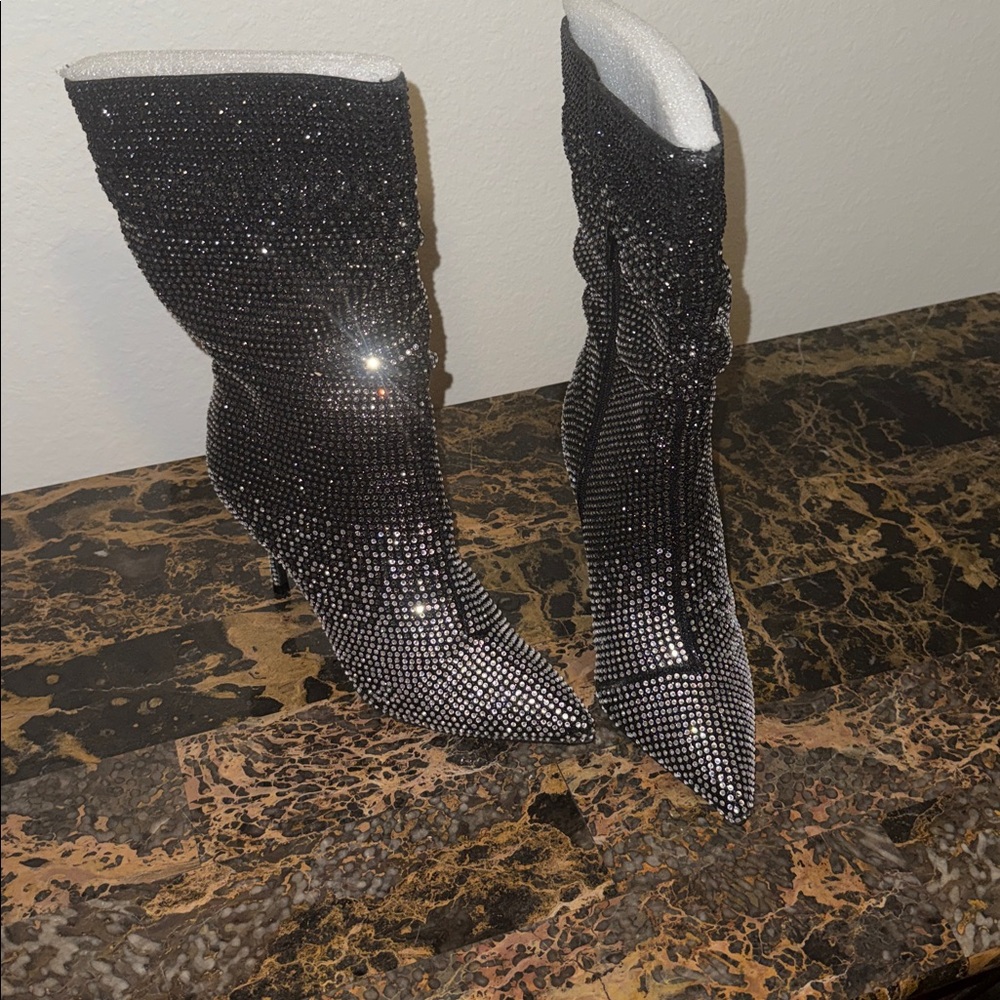 Thalia Sodi Raquell Black Rhinestone Stiletto Heel Boots Shoe Size 9 M